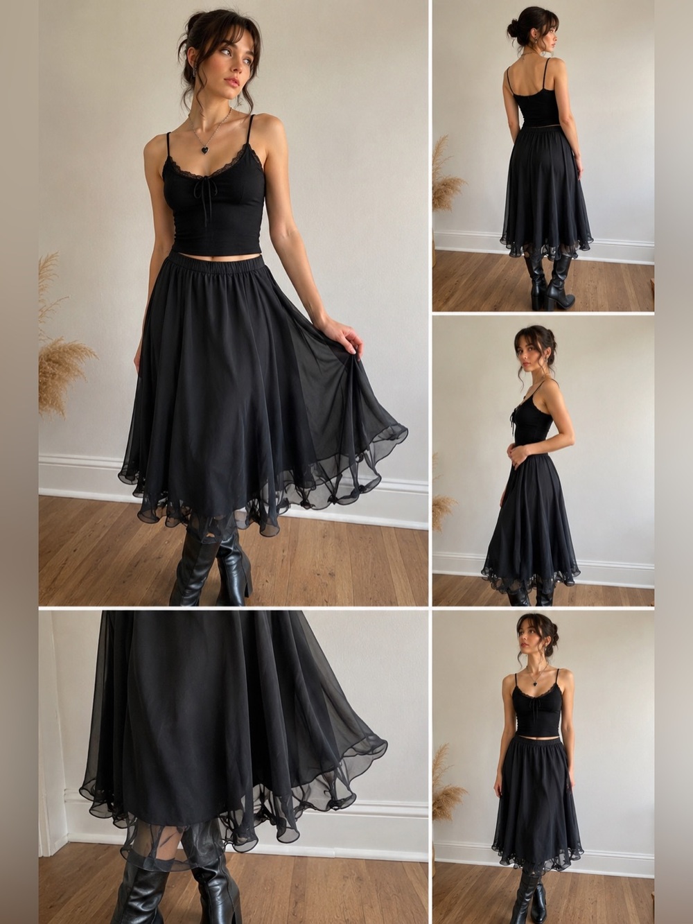 Vintage Black Chiffon Midi Skirt Fairy Grunge Whimsigoth Y2K Balletcore i32